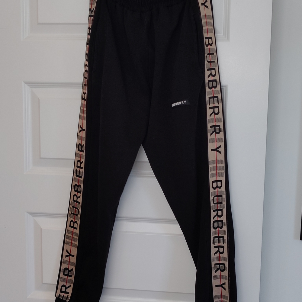 Burberry Black Joggers with Beige Logo Stripes
